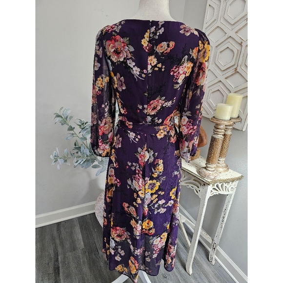 DKNY Purple Floral Print Chiffon Faux Wrap Puff Sleeve Midi Dress Size 10 - Picture 2 of 9